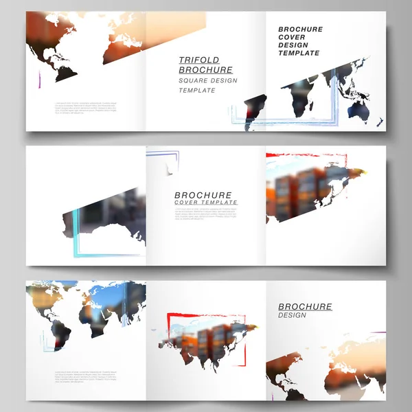 Vektorlayout von quadratischen Cover-Vorlagen für dreifache Broschüren, Flyer, Cover-Design, Buchdesign, Broschüren-Cover. Designvorlage in Form von Weltkarten und farbigen Rahmen, legen Sie Ihr Foto ein. — Stockvektor