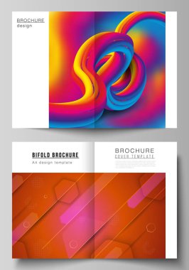 Çift katlı broşür, broşür, broşür ve kitapçık için iki adet A4 formatında vektör düzeni modern kapak modelleri tasarım şablonları. Geleceksel teknoloji tasarımı, akışkan gradyan şekilli renkli arkaplanlar..
