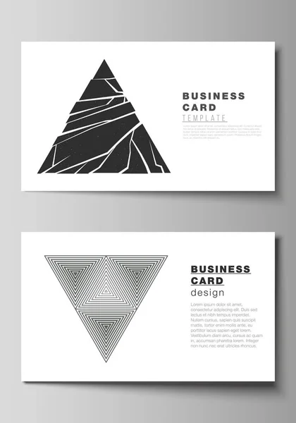 The minimalistic abstract vector illustration layout of two creative business cards design templates. Abstract geometric triangle design background using different triangular style patterns. — Stock Vector