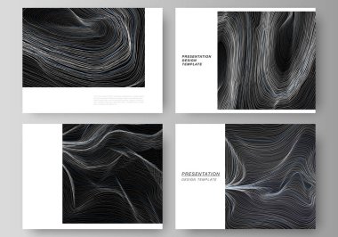 Sunum slaytlarının düzenlenebilir düzeninin minimalist soyut vektör çizimi iş şablonlarını dizayn eder. Pürüzsüz duman dalgası, yüksek teknoloji konsepti siyah renkli tekno arka plan.
