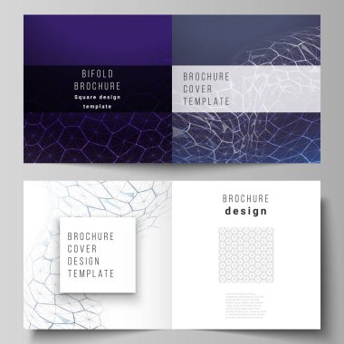 Kare tasarım çift katlı broşür ve broşür için iki kapak şablonunun vektör düzeni. Dijital teknoloji ve altıgenli büyük veri konsepti, noktaları ve çizgileri birleştirme, çokgen bilim tıbbi geçmişi.