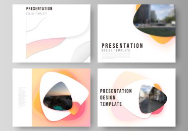 Sunum slaytlarının düzenlenebilir düzeninin minimalist soyut vektör çizimi iş şablonlarını tasarlar. Sarı renk gradyan soyut dinamik şekiller, renkli geometrik şablon tasarımı