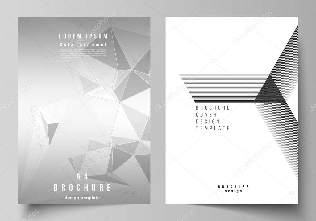 Vector layout of A4 format modern cover mockups design templates for brochure, magazine, flyer, booklet, report. Abstract geometric triangle design background using different triangular style patterns