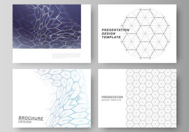 Sunum sunumunun vektör düzeni iş şablonları dizayn eder. Dijital teknoloji ve altıgenli büyük veri konsepti, noktaları ve çizgileri birleştirme, çokgen bilim tıbbi geçmişi.