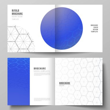 Kare tasarım çift katlı broşür ve broşür için iki kapak şablonunun vektör düzeni. Dijital teknoloji ve altıgenli büyük veri konsepti, noktaları ve çizgileri birleştirme, çokgen bilim tıbbi geçmişi.