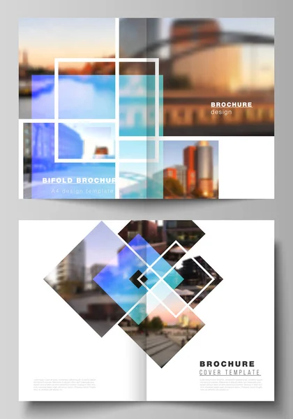 二つのA4フォーマット現代カバーモックアップデザインテンプレートのベクトルレイアウト二つのパンフレット、雑誌、チラシ、小冊子、年次報告書のための。創造的な流行のスタイルのモックアップ、青の色のトレンディーなデザインの背景. — ストックベクタ