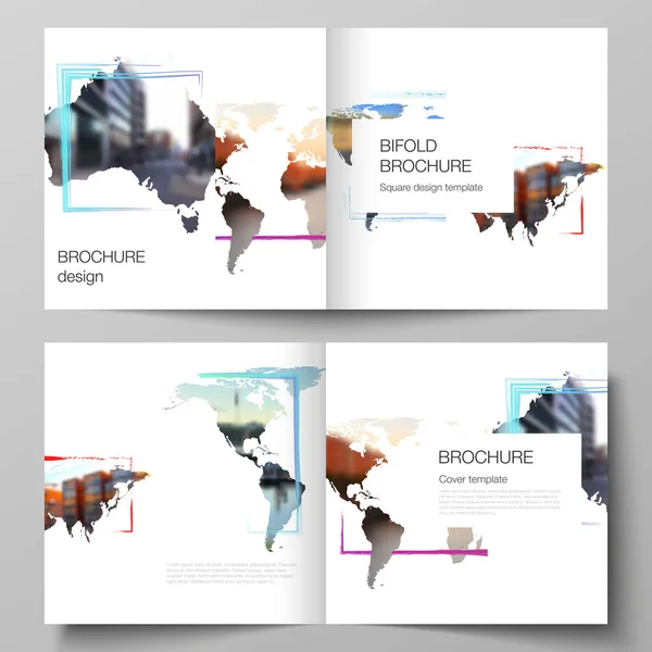 Vector layout of two covers templates for square bifold brochure, flyer, cover design, book design, brochure cover. Modèle de conception sous la forme de cartes du monde et de cadres colorés, insérez votre photo. — Image vectorielle