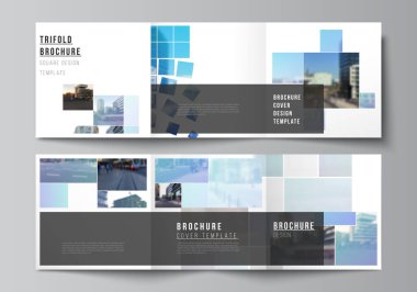 Kare formatın vektör düzeni üç katlı broşür, broşür, dergi, kapak tasarımı, kitap tasarımı, broşür kapağı için şablonları kapsar. Mavi kareli, geometrik tarzda soyut tasarım projesi.
