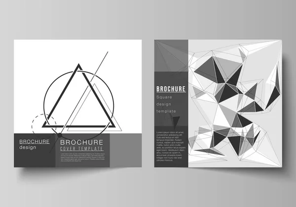 Minimale vector illustratie lay-out van twee vierkante formaat omslagen ontwerp sjablonen voor brochure, flyer, tijdschrift. Abstract geometrische driehoek ontwerp achtergrond met behulp van verschillende driehoekige stijl patronen. — Stockvector