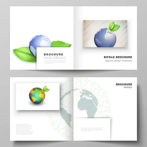 Kare tasarım broşür, broşür, broşür, kapak tasarımı, kitap tasarımı, broşür kapağı için iki kapak şablonunun vektör düzeni. Dünya gezegeni kavramını kurtar. Sürdürülebilir kalkınma küresel iş kavramı — Stok Vektör