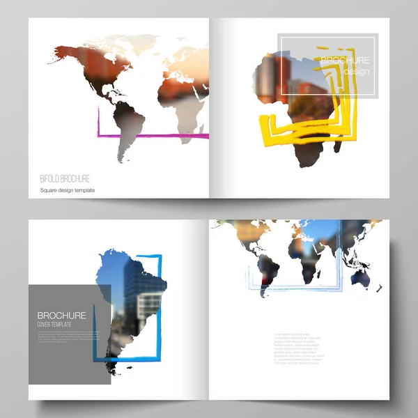 Vektor-Layout von zwei Cover-Vorlagen für quadratische Bifold-Broschüre, Flyer, Cover-Design, Buchdesign, Broschüren-Cover. Designvorlage in Form von Weltkarten und farbigen Rahmen, legen Sie Ihr Foto ein. — Stockvektor