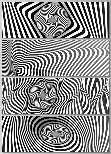 The minimalistic vector illustration of the editable layout of headers, banner design templates. Abstract 3D geometrical background with optical illusion black and white design pattern. — Stock Vector
