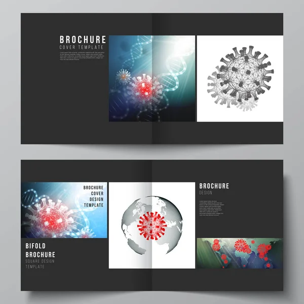 Vector layout of two cover templates for square bifold brochure, flyer, cover design, book design, brochure cover. 3d medical background of corona virus. Covid 19, coronavirus infection. Virus concept — Stock Vector