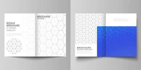 Vector lay-out van twee A4-formaat moderne cover mockups ontwerp sjablonen voor bifold brochure. Digitale technologie en big data concept met zeshoeken, verbinden puntjes en lijnen, wetenschap medische achtergrond. — Stockvector