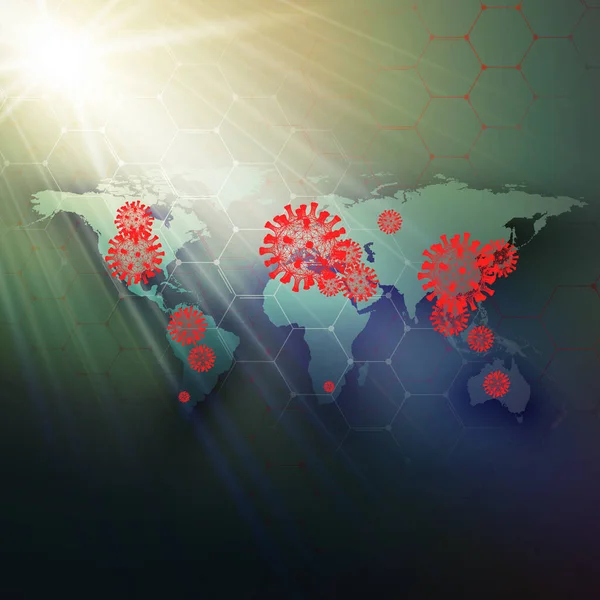 3D medicinsk bakgrund av koronavirus med världskarta. Covid 19, koronavirusinfektion. Virus koncept vektor illustration. — Stock vektor