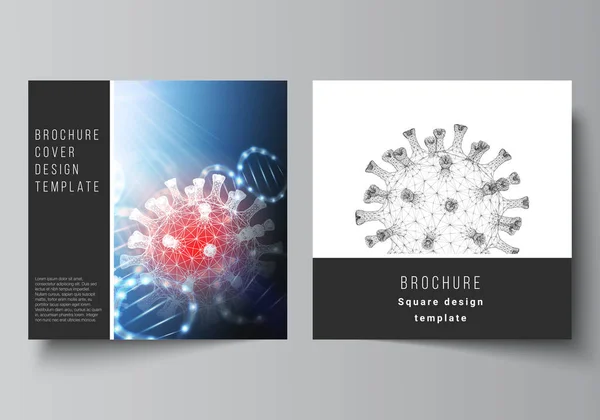 Vector layout of two square cover templates for brochure, magazine, cover design, book design, brochure cover. 3d medical background of corona virus. Covid 19, coronavirus infection. Virus concept.
