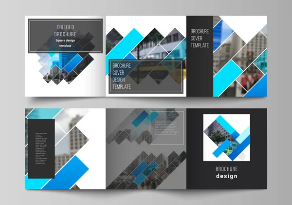 De minimale vector bewerkbare lay-out van vierkante formaat covers ontwerpsjablonen voor driebladige brochure, flyer, tijdschrift. Abstracte geometrische patroon creatieve moderne blauwe achtergrond met rechthoeken. — Stockvector