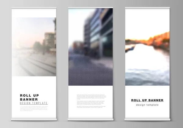 垂直チラシ、フラグデザインテンプレート、バナースタンド、広告デザインモックアップのためのロールアップモックアップデザインテンプレートのベクトルレイアウト。ドットでハーフトーン効果の装飾。ドット柄の装飾 — ストックベクタ