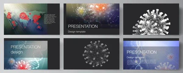 Diseño vectorial de las diapositivas de presentación diseño de plantillas de negocio, plantilla multipropósito para informe de presentación. Antecedentes médicos 3d del virus corona. Covid 19, infección por coronavirus. Concepto de virus — Archivo Imágenes Vectoriales