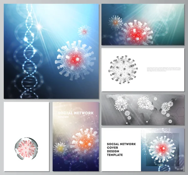 Diseños vectoriales de maquetas de redes sociales para el diseño de portadas, diseño de sitios web, fondos de sitios web o publicidad. Antecedentes médicos 3d del virus corona. Covid 19, infección por coronavirus. Concepto de virus . — Vector de stock