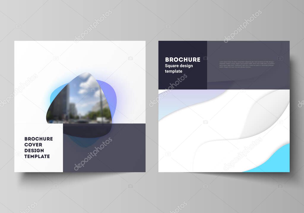 The minimal vector illustration layout of two square format covers design templates for brochure, flyer, magazine. Blue color gradient abstract dynamic shapes, colorful geometric template design