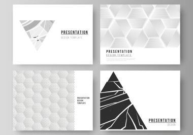 Sunum slaytlarının düzenlenebilir düzeninin minimalist soyut vektörü iş şablonlarını tasarlar. Farklı üçgen şekiller kullanarak soyut geometrik üçgen tasarım arkaplanı.