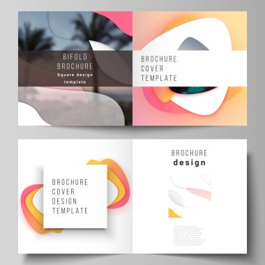 Kare tasarım broşürü, dergi, broşür, broşür, broşür ve kitapçık için iki kapak şablonunun vektör çizimi. Sarı renk gradyan soyut dinamik şekiller, renkli geometrik şablon tasarımı