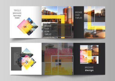 Kare biçiminin minimum vektör düzenlenebilir düzeni, üç katlı broşür, broşür ve dergi için tasarım şablonlarını kapsar. Yaratıcı moda modelleri, mavi renkli moda tasarım arka planı