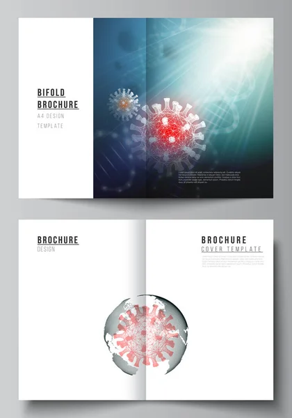 二つのA4カバーモックアップテンプレートのベクトルレイアウトは 二つのパンフレット チラシ 表紙デザイン 本のデザインのために コロナウイルスの3D医療背景 コヴィド19コロナウイルス感染 ウイルスの概念 — ストックベクタ