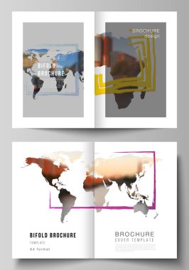 Çift katlı broşür, broşür, broşür, kapak tasarımı, kitap tasarımı, broşür kapağı için iki A4 kapak şablonunun vektör düzeni. Dünya haritaları ve renkli çerçeveler şeklinde tasarım şablonu, fotoğrafınızı ekleyin