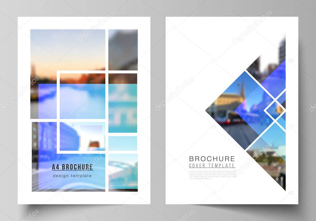 The vector layout of A4 format modern cover mockups design templates for brochure, magazine, flyer, booklet, annual report. Creative trendy style mockups, blue color trendy design backgrounds
