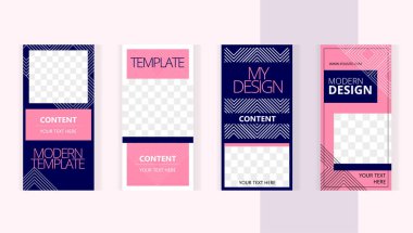 Zarif pembe ve koyu mavi doğrusal desenler. Sosyal ağların dizaynı için şablonlar, hikaye ve resimler için pencereler ile yazdırın.