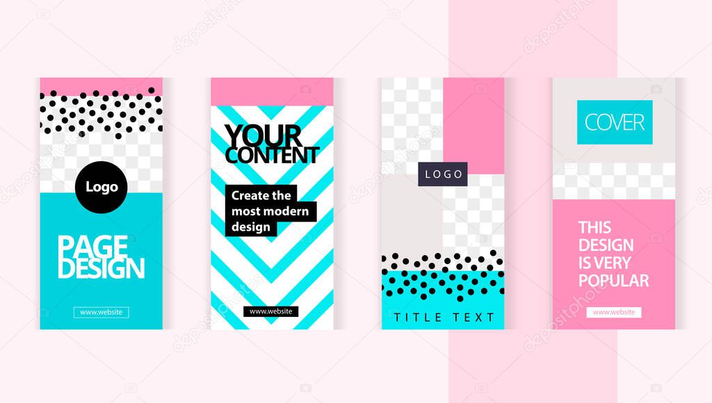 Set templates for design of social networks, Instagram story and print with windows for images. Happy modern style with pink and aquamarine elements.