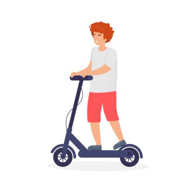 Elektrikli scooter kullanan mutlu genç bir adam. Geleceğin şehir ulaşımı. Kiralık. Yolculuk. Modern vektör illüstrasyonu.