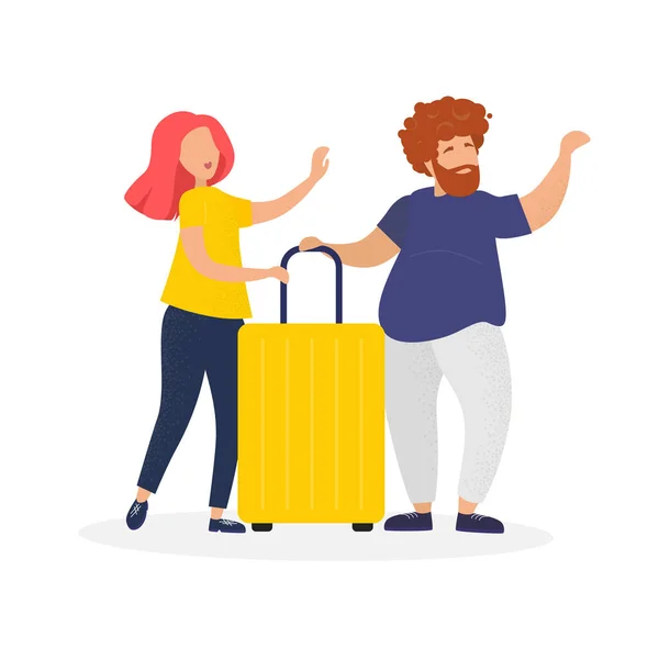 Happy Couple Goes Vacation Travel Airport Nice Big Suitcase Farewell — Stock Vector