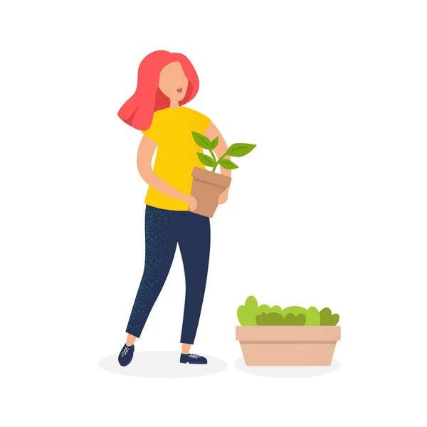 Žena Pečující Květiny Rostliny Profesionální Zahradník Stylově Oblečená Dívka Drží — Stockový vektor