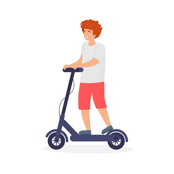 Elektrikli scooter kullanan mutlu genç bir adam. Geleceğin şehir ulaşımı. Kiralık. Yolculuk. Modern vektör illüstrasyonu.