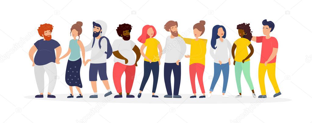 Big set of people of different nationalities. Beautiful ground lyuli are standing in a big company and talking. Meeting, social event, crowd, people. Beautiful modern vector illustration.