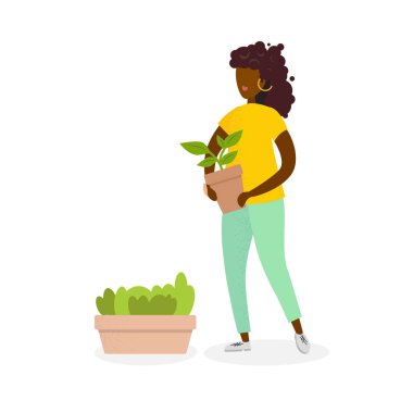 Çiçek ve bitkilerle ilgilenen Afro bir kadın. Profesyonel bahçıvan. Şık giyimli bir kız elinde bir saksıyla elinde bir bitki tutuyor ve güzelliği düşünüyor. Modern vektör illüstrasyonu.