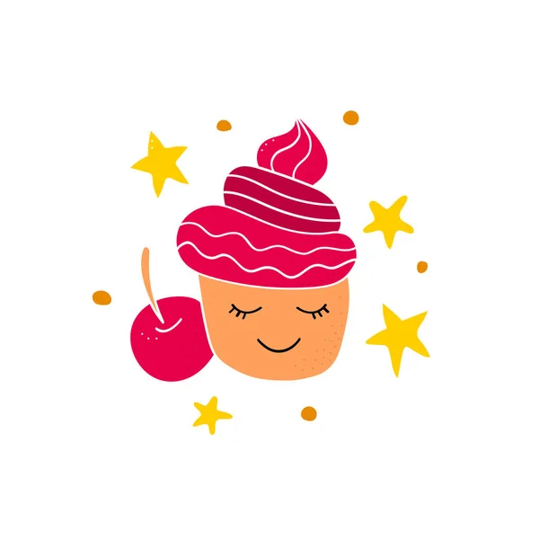 Beyaz arka planda yıldızlı şirin vişneli pasta. Doodle ve freehand modern tarzda çiziyor. İskandinav tarzı klipsleme. Vektör illüstrasyonu.