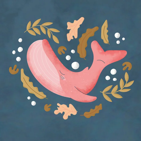 Pink cartoon whale. Doodle and freehand drawing in the modern style. Scandinavian style illustration.