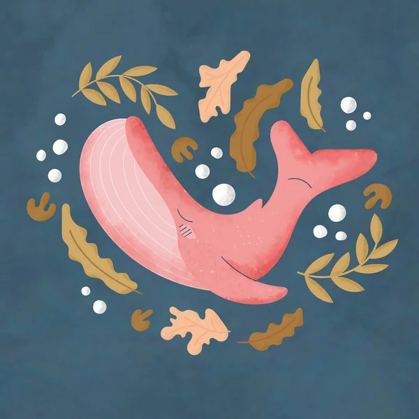 Pembe çizgi film balinası. Doodle ve freehand modern tarzda çiziyor. İskandinav tarzı illüstrasyon.