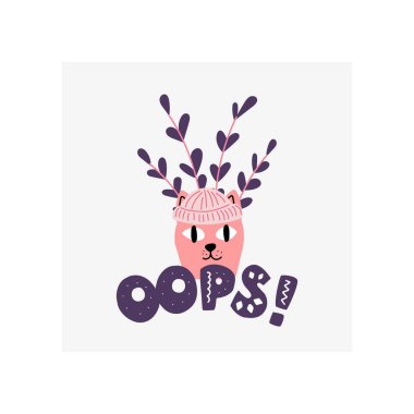 Kalplerinde turuncu şapkalı kedi şeklinde çiçek saksısı ve İskandinav tarzında portakal dalları var. Cümleler: oops! Eşsiz bir el çizimi bebek odası posteri. Modern vektör illüstrasyonu.