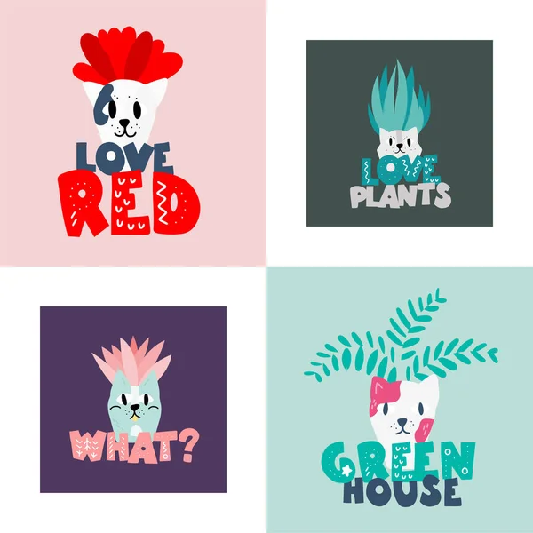 Maceta Flores Forma Gato Lindo Con Planta Casera Estilo Escandinavo — Vector de stock