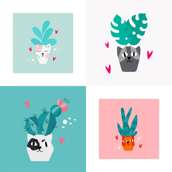 Maceta Flores Forma Gato Lindo Blanco Rojo Negro Con Planta — Vector de stock