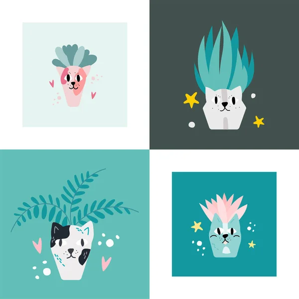 Maceta Flores Forma Gato Lindo Blanco Rosa Con Planta Casera — Vector de stock