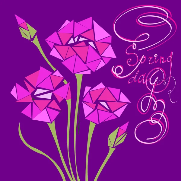 Illustration with flowers on a purple background for decorative design. Spring bouquet. Pink floral background. Designer collection. Spring summer wedding background. Geometric style.