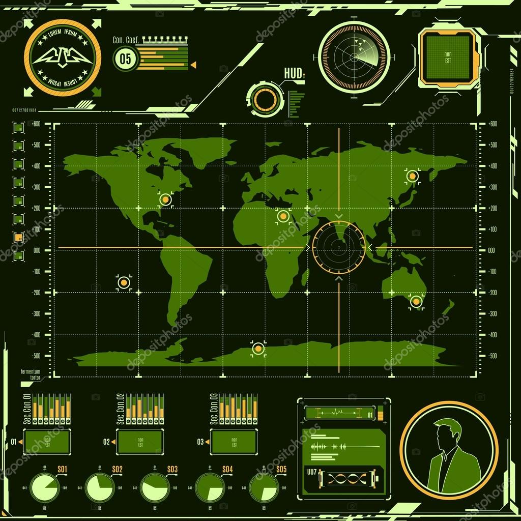 HUD or Head-up display navigation map screen elements. Futuristic modern user interface. Vector graphic.