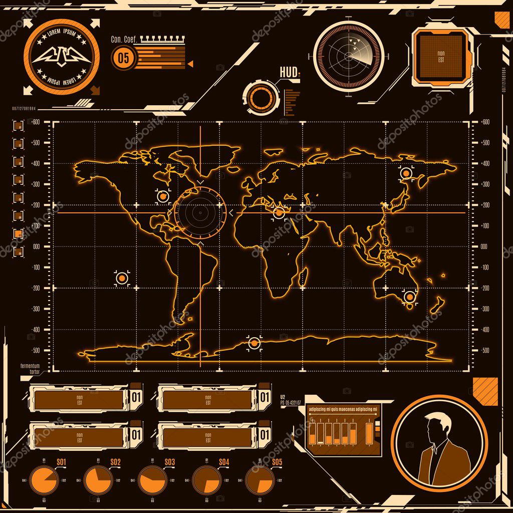 HUD or Head-up display navigation map screen elements. Futuristic modern user interface. Vector graphic.