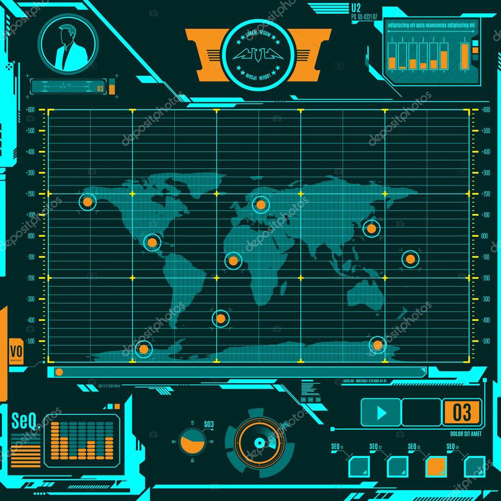 HUD or Head-up display navigation map screen elements. Futuristic modern user interface. Vector graphic.